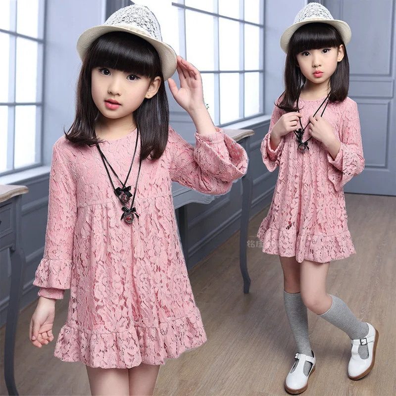 

4 5 6 7 9 8 10 11 12 Years Kids Girls Spring Autumn Long Sleeve Lace Dress For Girls Pink Red Black Princess Dress New