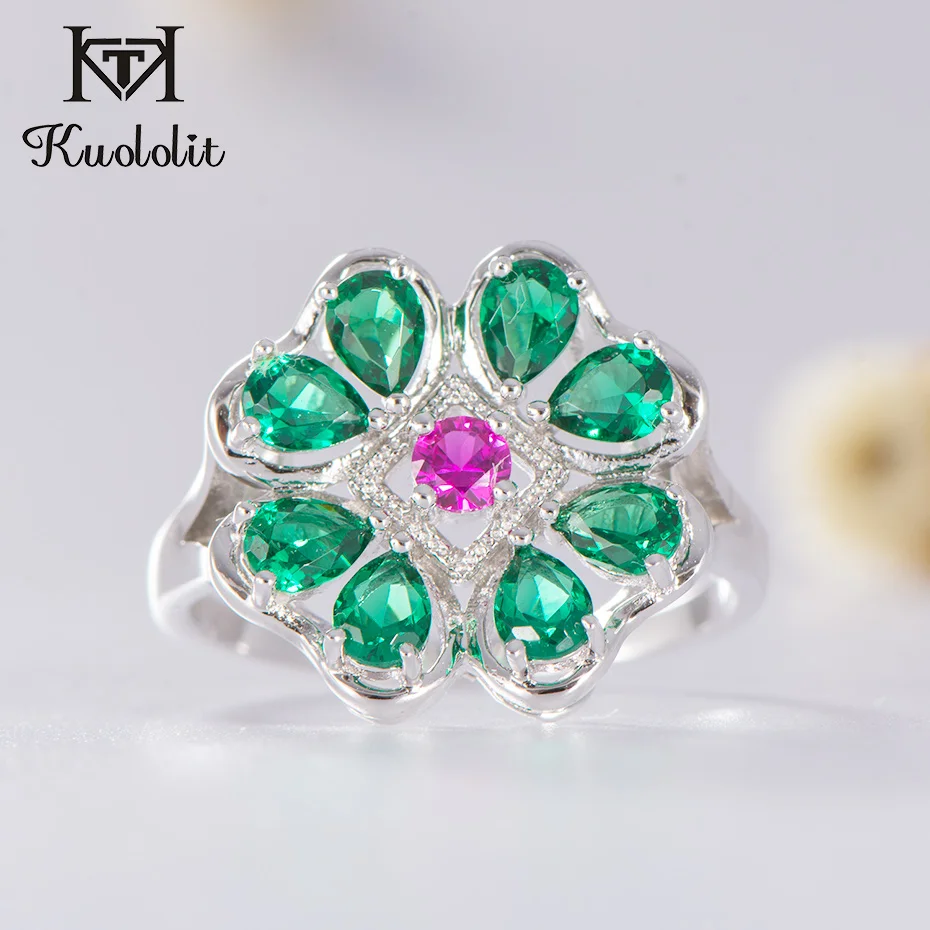 Kuololit Green Emerald Ruby Rings For Women Solid Genuine 925 Sterling