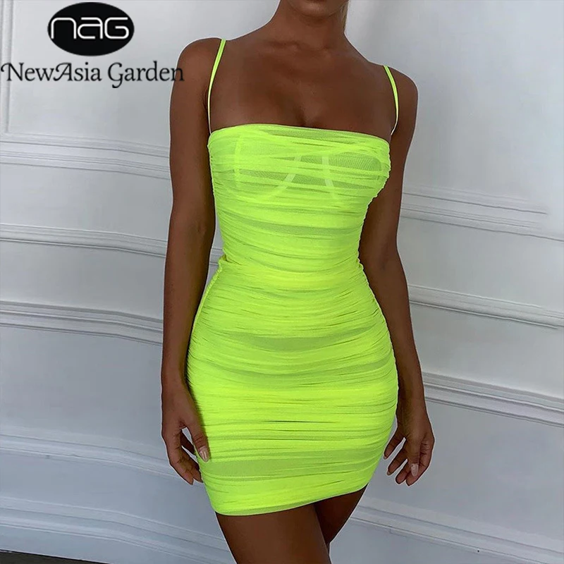 NewAsia مزدوجة طبقات شبكة فستان صيفي 2019 المرأة السباغيتي الأشرطة Bodycon Ruched اللباس امرأة حزب النادي الليلي اللباس مثير رداء