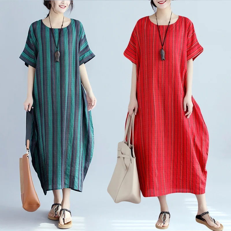 Женское летнее платье в полоску, винтажное женское платье большого размера в стиле ретро, хлопковое льняное зеленое красное платье макси в китайском стиле TA1656