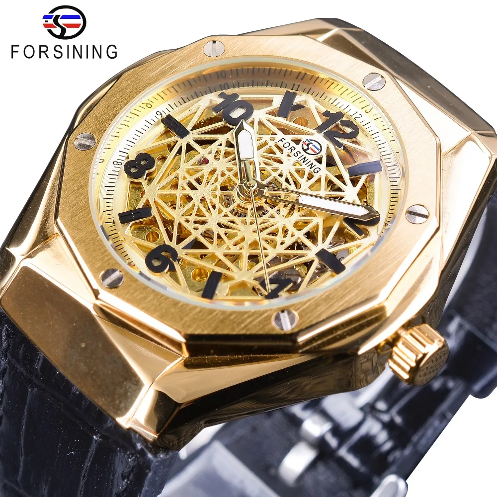 

Forsining 2018 New Design Golden Irregular Shape Luxury Skeleton 3D Spider Web Dial Men Automatic Watches Top Brand Luxury Clcok