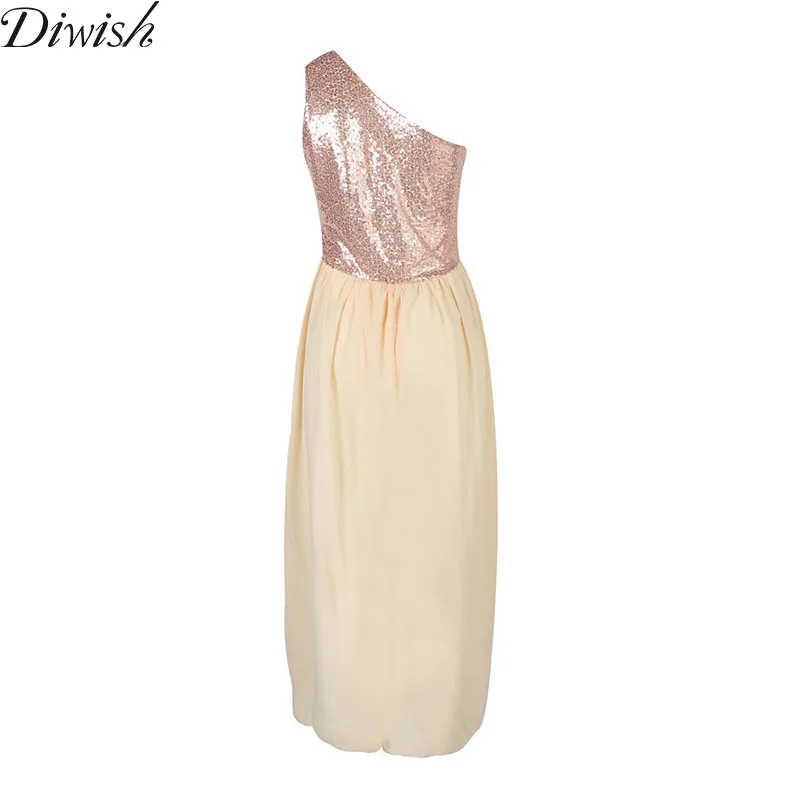 

Diwish Sexy Women Dress One Shoulder Summer Dresses Women Sequin Patchwork Long Dress Sleeveless Fashion Party Dress