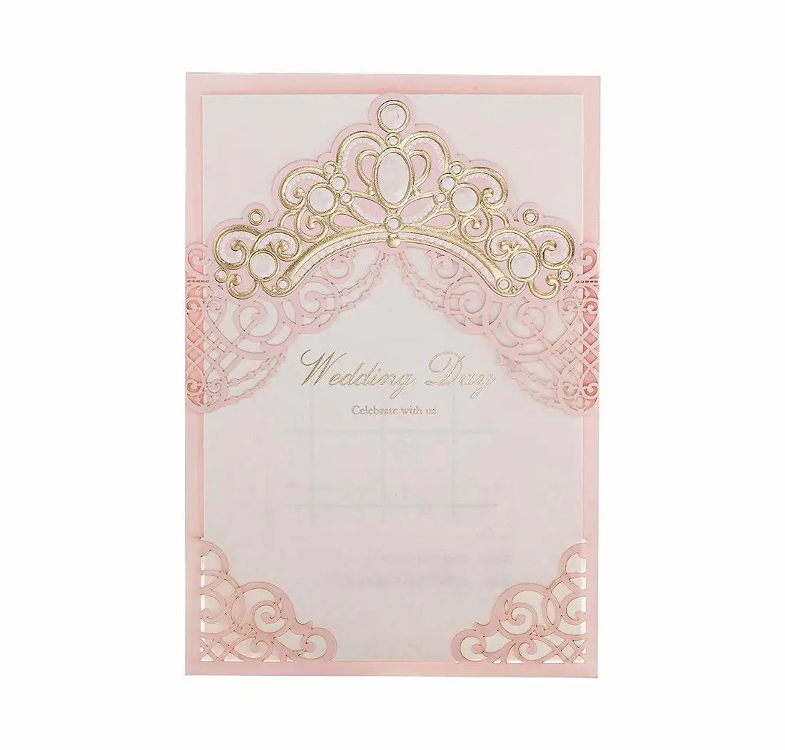 

[Princess Dream] 1Pcs Pink& Red Gold Crown Laser Cut Elegant Wedding Invitation, Invitation Card with Envelopes for Quinceanera