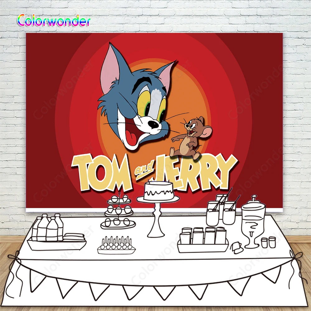 

Tom and Jerry Theme Birthday Party Background Red Circles Cat and Mouse Funny Photography Backdrop For Baby Shower Photocall