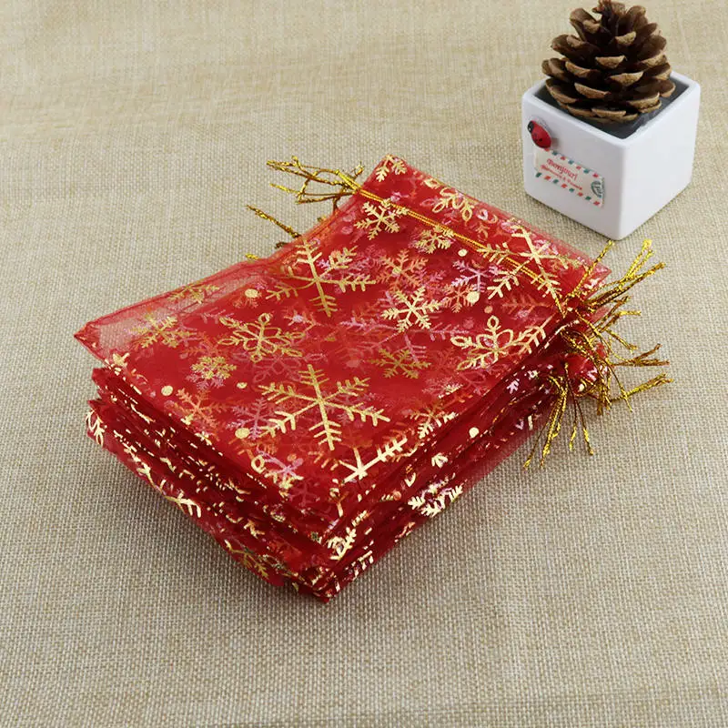 100 шт белый и красный Снежинка печати органзы сумки 7X9 10X14 13X18 см Рождество шнурок мешок для подарков, упаковка для ювелирных изделий сумки