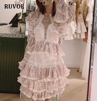 

2019 High Quality Lace Pink Dress New Arrival Women Dress Long Sleeve Sexy Ruffled Style Holiday Beach Dress Women Vestidos