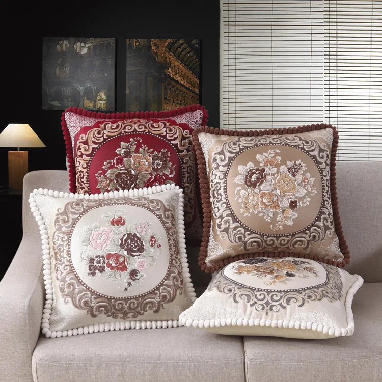 

Luxury European Floral Cushion Cover Embroidered Throw Cushion Covers for Sofa Chair Car Decorative Throw Pillow Cover 48x48cm