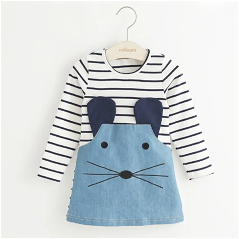 

New Winter  2016 Striped Patchwork  Girl Dresses Long Sleeve Cute Mouse Children Clothing  Denim Kids Clothes 3-8 yrs