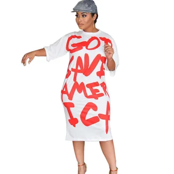 

Casual White T Shirt Dress Women Half Sleeve O Neck America Red Graffiti Letters Print Slim Long Dress Bodycon Midi Summer Dress