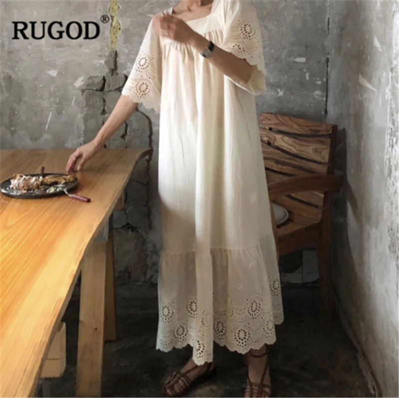 RUGOD новое поступление женское однотонное вышитое Открытое платье с квадратным вырезом с расклешенными рукавами прямое свободное элегантное платье Vestidos