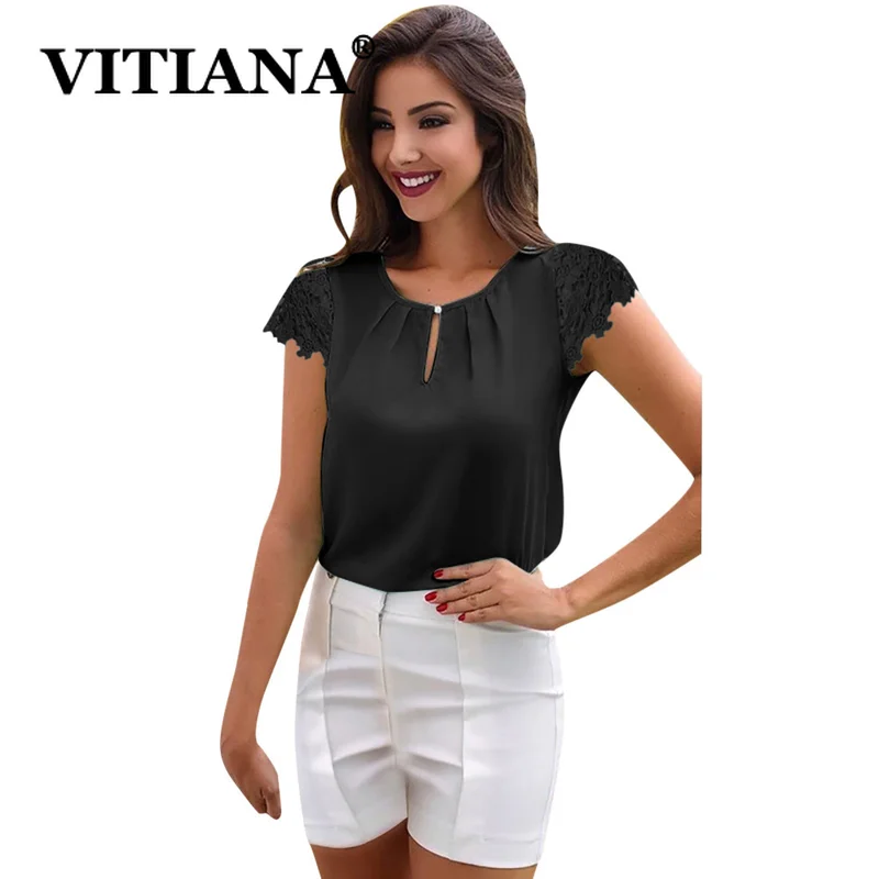 

VITIANA Women Casual Chiffon Blouse Summer 2019 Female Lace Short Sleeve O-Neck Button Beach Womens Tops Office Work Blouses