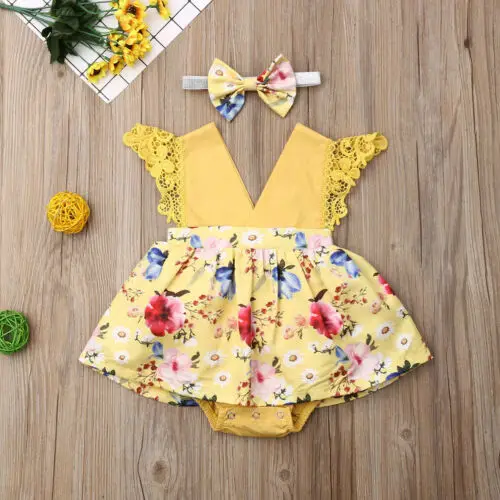 Г., желтый комбинезон с цветочным рисунком для новорожденных, платье-комбинезон с цветочным рисунком для маленьких девочек комбинезон и повязка на голову, комплект одежды из 2 предметов