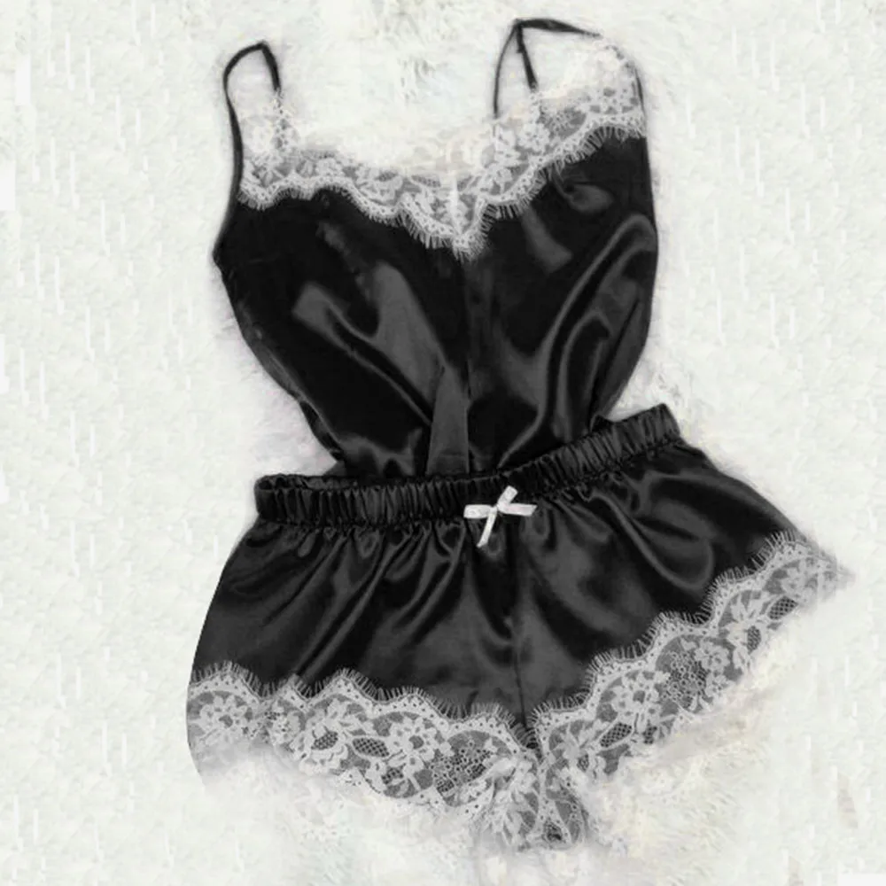 

New Women's Sleepwear Sexy Satin Pajama Set Black Lace V-Neck Pyjamas Sleeveless Cute Cami Top and Shorts pijama mujer S77!!