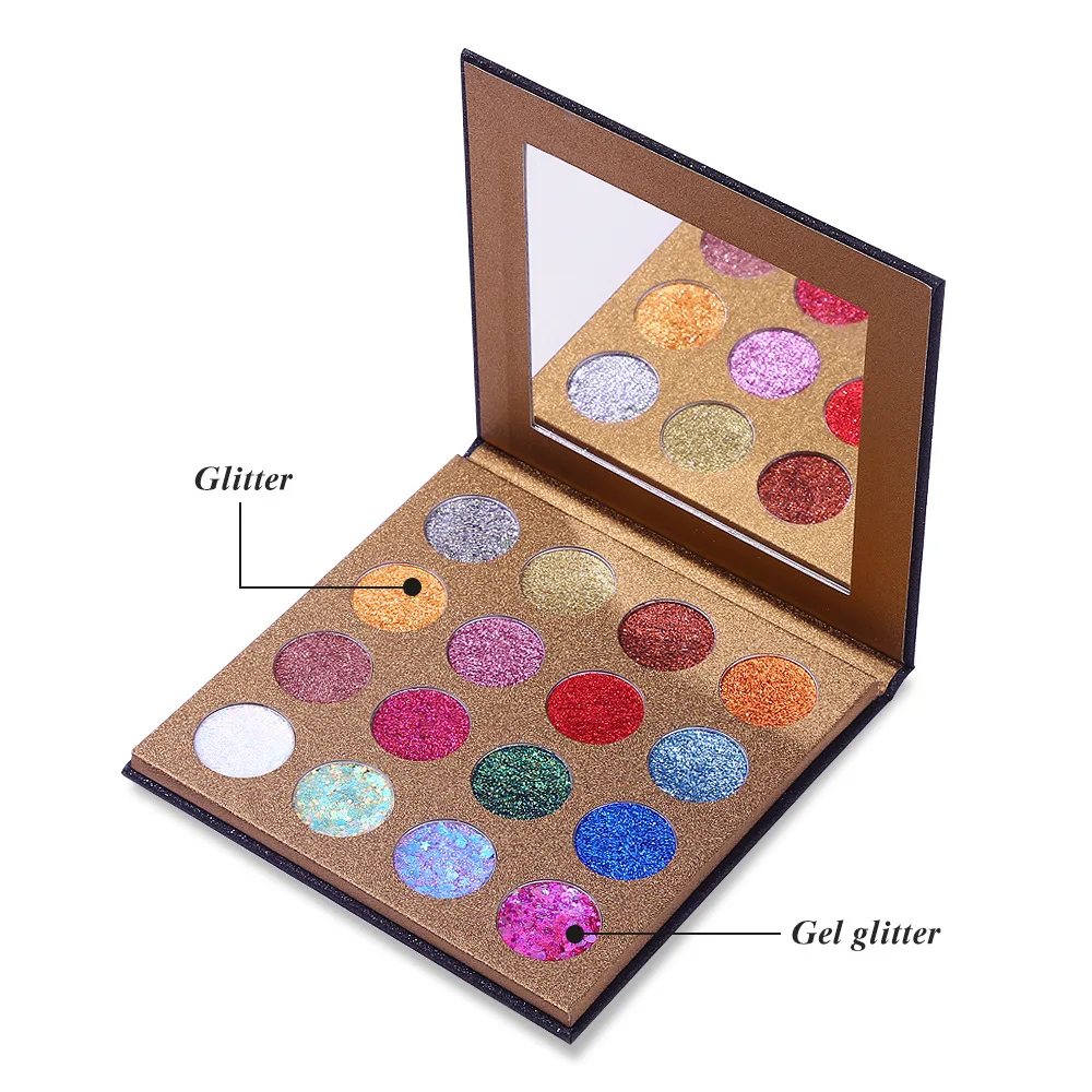 16 Color Glitter Eyeshadow Palette 4 Chunky Gel Glitter 12 Pressed Shimmer Eye Shadows Long Lasting Face Body Glitter Powder