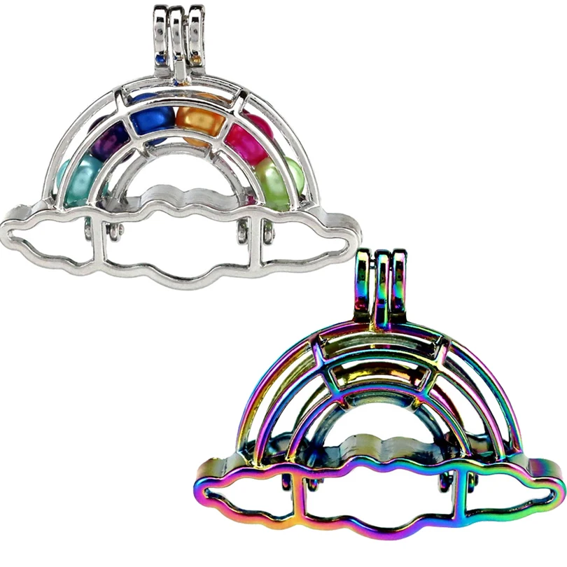 

Rainbow Cloud Beads Cage Locket Pendant Essential Oil Diffuser Stone Pearl Cage Mixed 2pcs/lot Mother's Day Gift