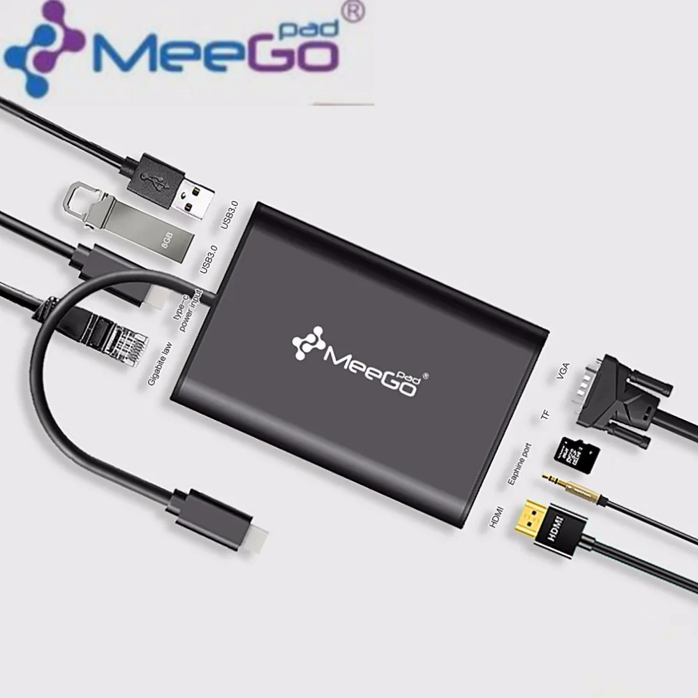 

Meegopad Type-C Hub HD Video HDMI VGA Output Gigabit Ethernet RJ45 Adapter USB 3.0 Ports DSP Support AUDIO TF Cards