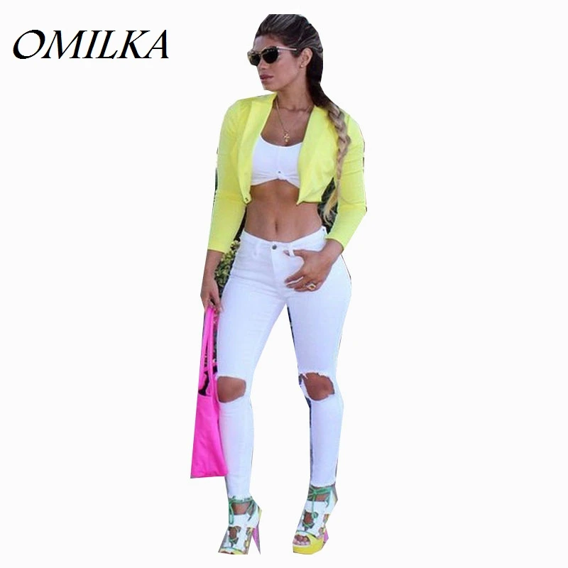 

OMILKA Women Ripped Boyfriend Jeans 2017 Mid Waist Hole Knee Skinny Pencil Pant Slim Elastic Cut Out White Denim Jeans For Women