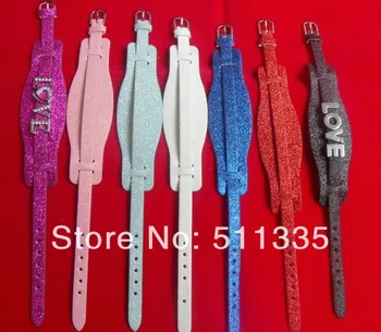 

Wholesale 100pcs 8mm wide / 21cm length Sparkly PU leather DIY Wristband Bracelet Fit For 8mm Slide Charms