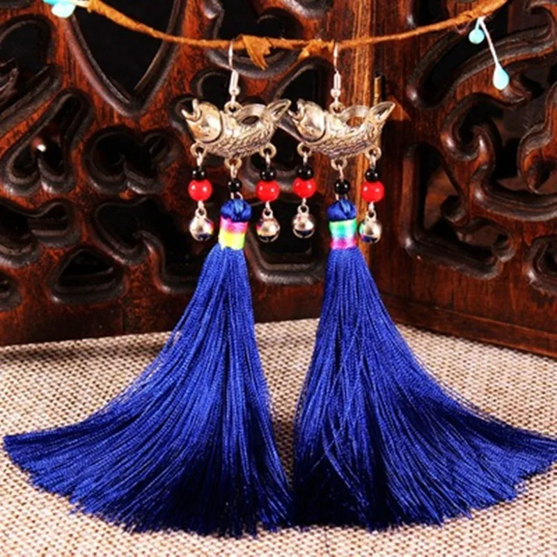 

Bohemian Sterling Exaggerated Silk Long Tassel Earrings For Women Boho Fish Fabric Dangling Earrings Statement Jewelry