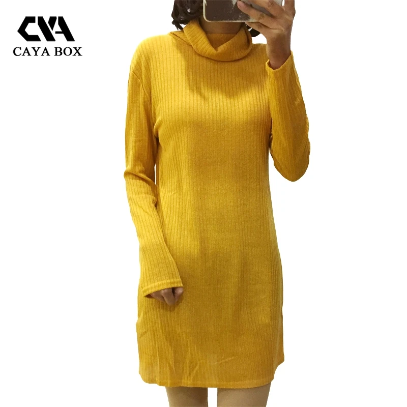 CAYA BOX Turtleneck Yellow Knitted Women Sweater Winter Dress Black White Long Sleeve Dresses Good Quality