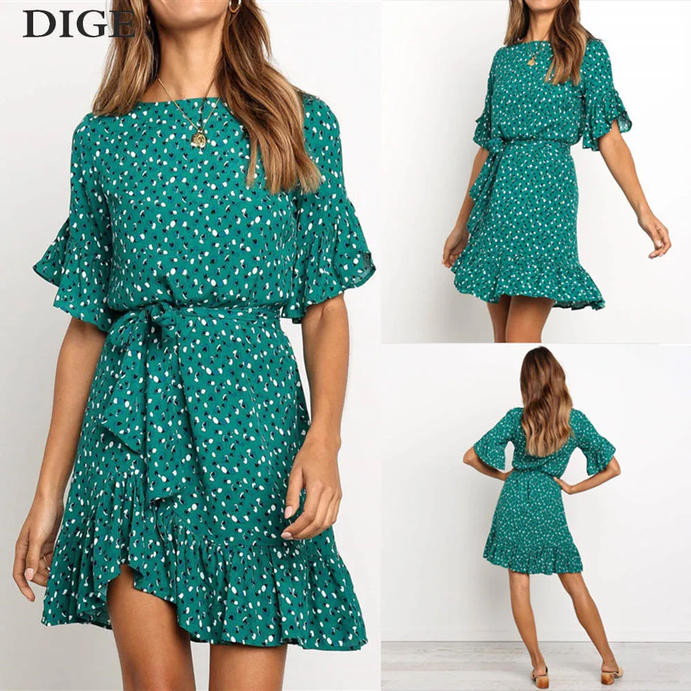 

2019 Chiffon Dress Women Summer Boho Ruffles Beach Floral Print Dress O-neck Short Sleeve Mini Ladies Sundresses Robe Femme