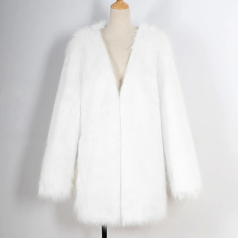 Женское длинное меховое пальто, зимняя плотная теплая меховая лохматая верхняя одежда, меховые парки без воротника с v-образным вырезом, большие размеры, черный и белый цвета