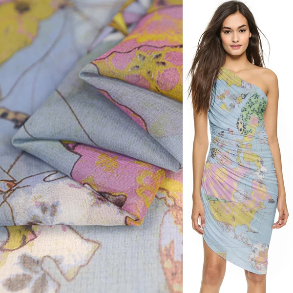 World Map Fabric By The Yard Positioning 0.9yard longth world map print pure silk georgette 