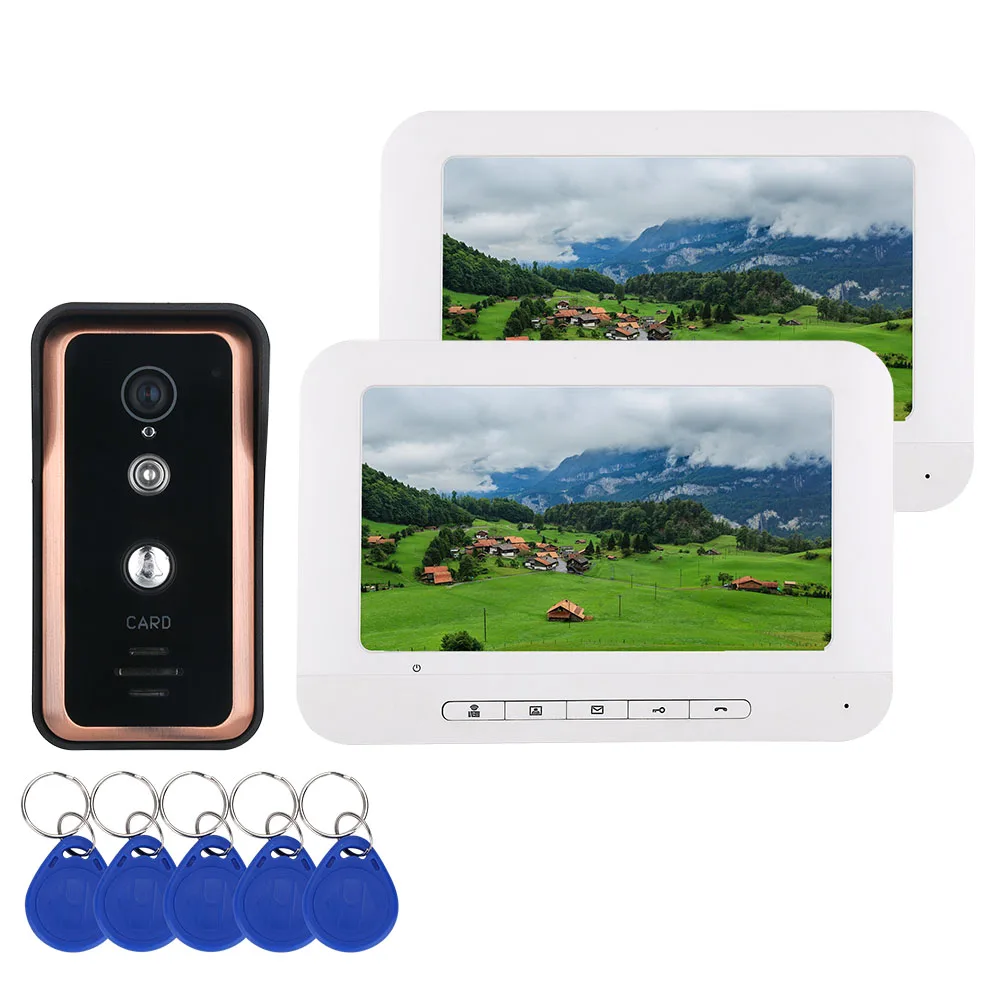 cheap 2 Monitor 7 inch Color Video Intercom Door Phone System With RFID Card Reader HD Doorbell 1000TVL IR CUT Camera