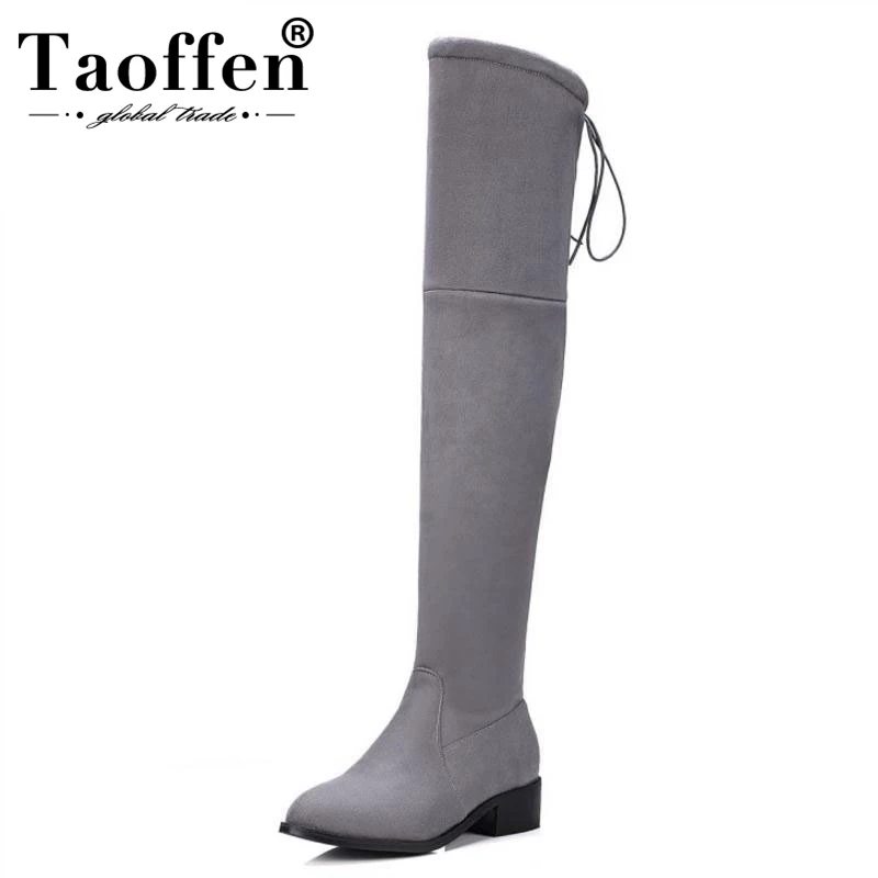 Taoffen Fashion Casual Elastic Boots Shoes Women Stretch Low Heel Round Toe Comfortable Winter Over Knee Thigh Boot Size 33-43 | Обувь