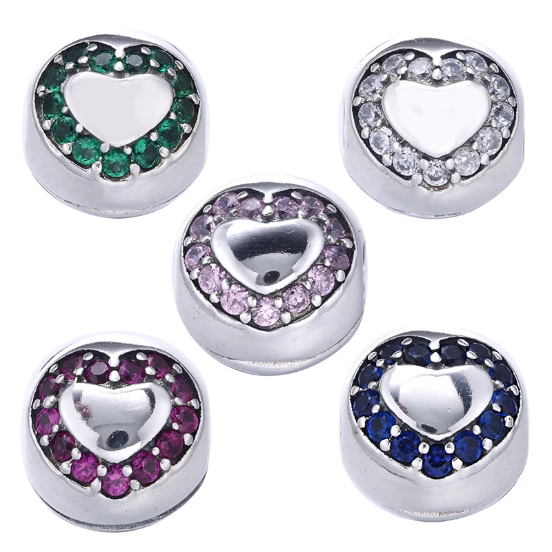 5 Color 925 Sterling Silver Lock Clip Stopper Love Heart Charms Beads