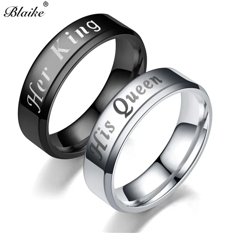 cheap Blaike Vintage Black Silver Stainless Steel Couple Rings for Women Men King Queen Jewelry Male Female Fashion Lovers Double Ring