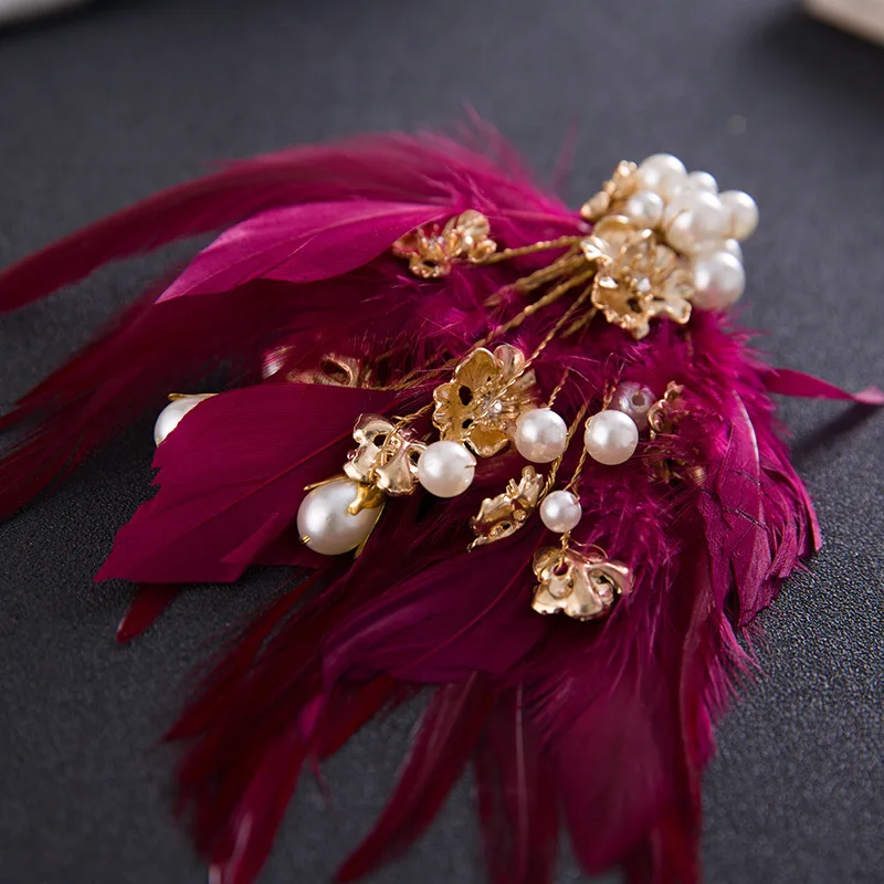 

Rose Red Feather Hair Clips Headband For Women Pear Headdress Decorations on the Head Woman Feather Hair Clip