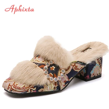 

Aphixta 100% Real Rabbit Hair Slippers Women Shoes Luxury Real Fur Square Heel Lady Warm Mujer Indoor Slides Plus Big Size 34-44