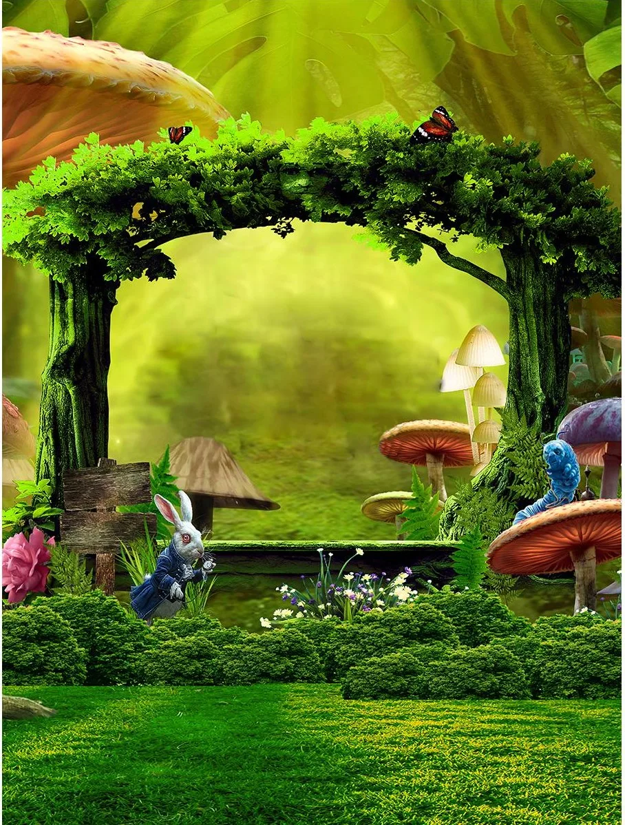 

Alice in Wonderland mushroom rabbit forest fairy tale Photo Background Photography Backdrops Quality Vinyl