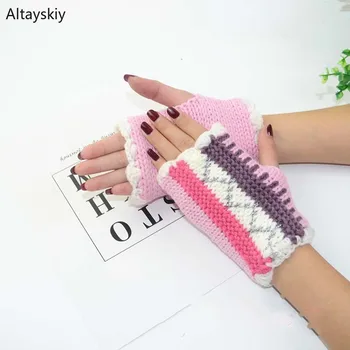 

Gloves Women Half Finger Patchwork Striped Printing Crochet Knitting Wrist Mitten Womens Kawaii Cute Colorful Trendy Stylish