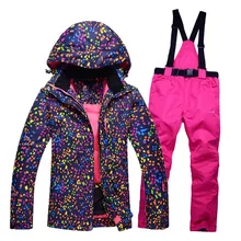 Новая зимняя куртка+ брюки женские Сноубординг костюмы водонепроницаемый дышащий Лыжный костюм с цветной печатью женские зимние куртки с капюшоном