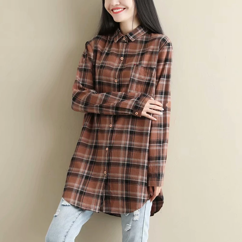 

2019 new spring women shirt turndown collar long sleeve cotton loose plaid single-breasted blouse tops women