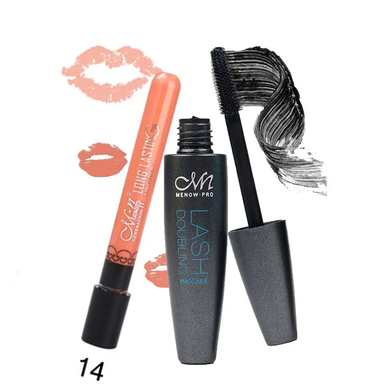 MENOW Марка Cosmetics set 1 шт. Водонепроницаемый удлинение Тушь для ресниц и 1 шт. 14 Цвет дополнительно Бархат Блеск для губ составляют 5304 - Цвет: 14