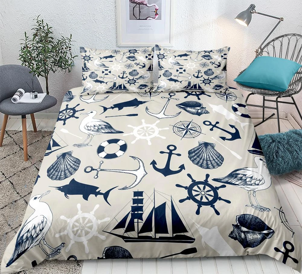 Compass Duvet Cover Set Queen Sailboat Boy Bedding Set Marine Element Shell Quilt Cover Fish 100 Microfiber Vintage Bedspreads Bedding Sets Aliexpress