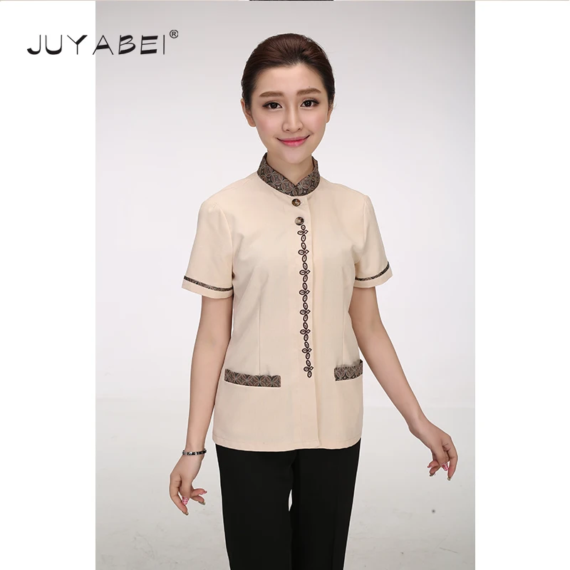 

New Summer Cleaning Clean Short-sleeved Work Uniforms Linen Collar Cleaning Waiter Female Cleaning Waiter Traditional Uniforms