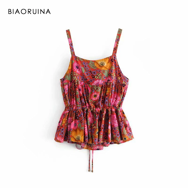 BIAORUINA أزياء المرأة الأزهار المطبوعة تانك القمم أكمام المرأة عارضة عطلة الشاطئ قمم ضئيلة الخصر مع الرباط BIAORUINA أزياء المرأة الأزهار المطبوعة تانك القمم أكمام المرأة عارضة عطلة الشاطئ قمم ضئيلة الخصر مع الرباط