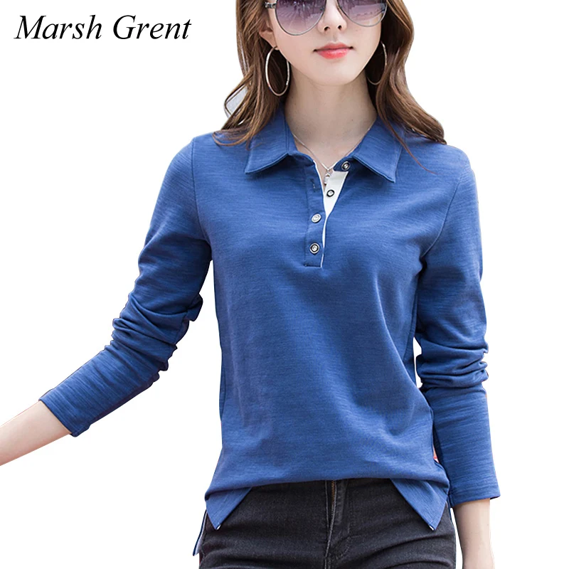 

2018 women's Autumn Winter t-shirt Long-sleeve 92% cotton polo shirt turn-down collar women's top Large size 3XL 4XL