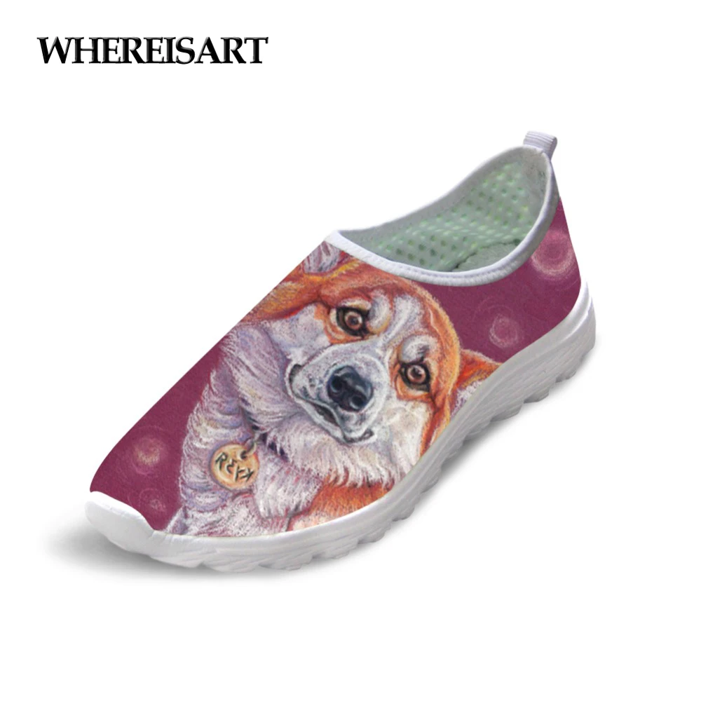 

WHEREISART Colorful Hand-print Dog Cute Corgi Fashion Design Women Flats Shoes Summer Autumn Casual Ladies Loafers Shoes Woman