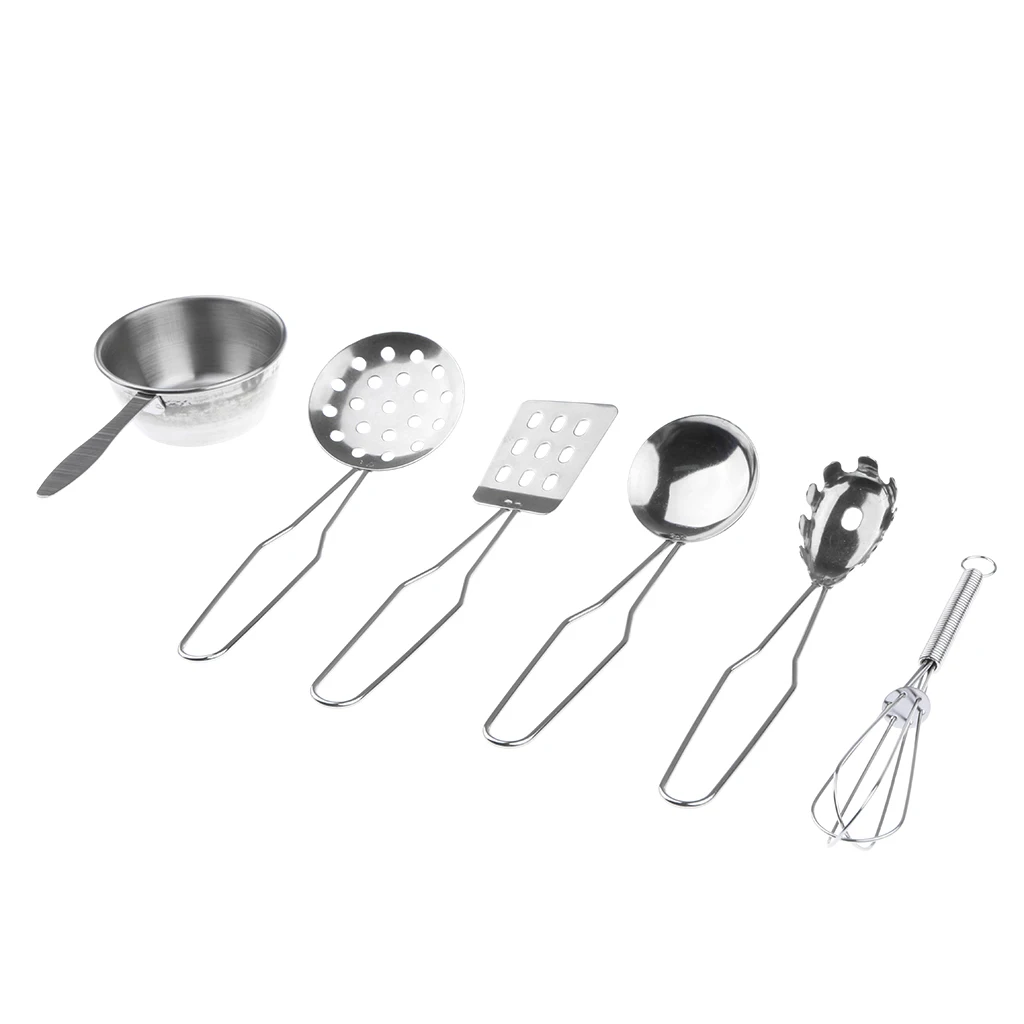 Kids Stainless Steel Kitchen Utensil Playset C (6pcs) for Children Pretend Play Chef Cooking 