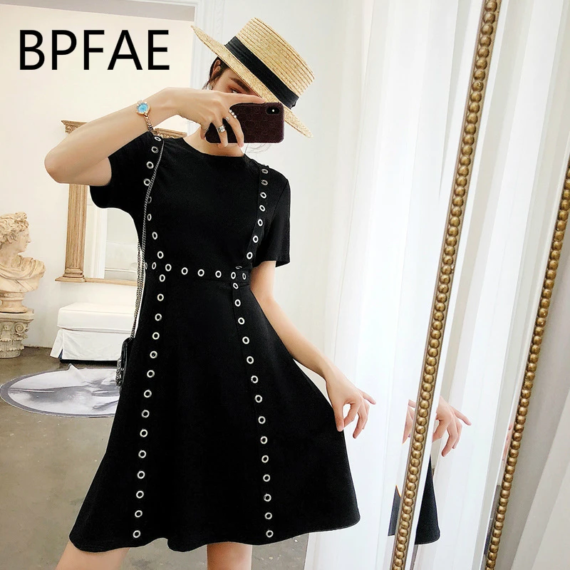 

Women Plus Size Punk Black Short Sleeve O-Neck High Waist Metal Ring Slim Dress Gothic Summer Casual Vestdios Large Size M-4XL