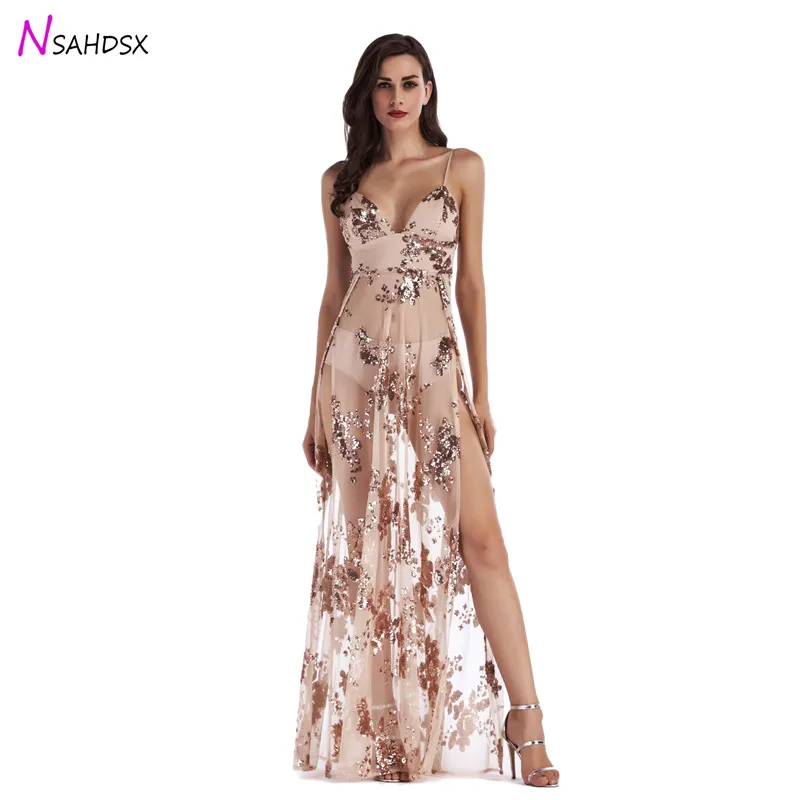 

Sexy halter sequin party dresses women Backless high split maxi dress Plus Size 2018 Floral Embroidery Mesh long dress vestidos