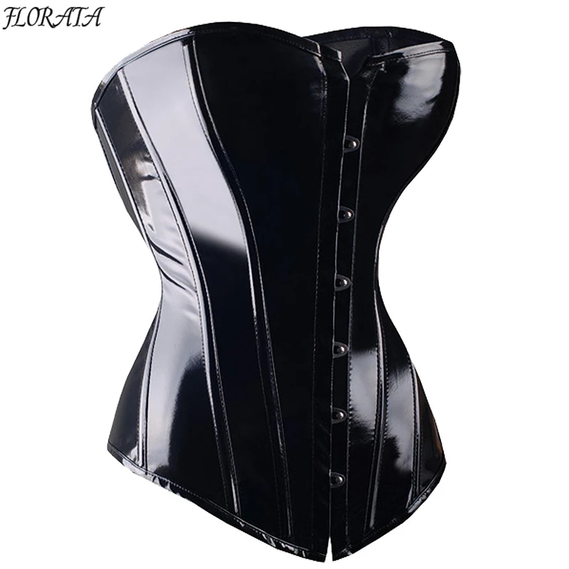Sexy Black PVC Overbust Corset Steampunk Basque Lingerie Top Goth Rock Corset Sexy Leather Waist Trainer