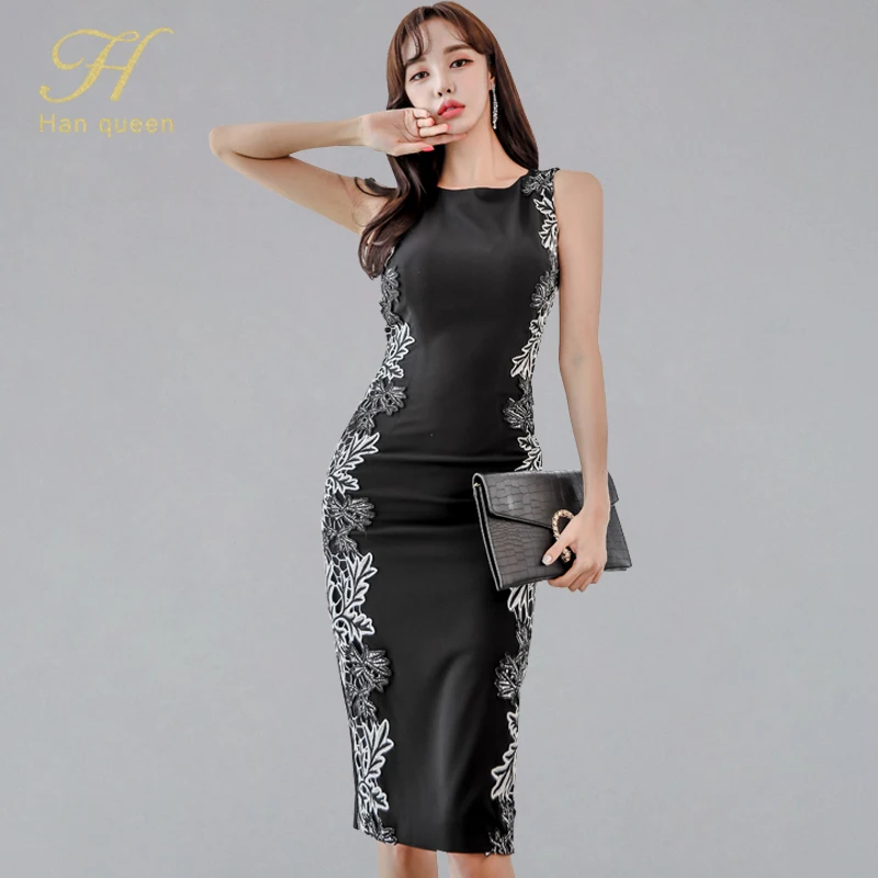 

H Han Queen Slim Sexy Lace Patchwork Pencil Dress Women 2019 Summer O-neck Tank Dresses Tunic OL Sheath Bodycon Vestido De Festa