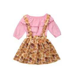 Одежда для маленьких девочек комплект с длинным рукавом футболки цветок юбка на подтяжках милые наряды для девочек Одежда для девочек От 1
