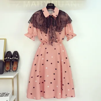 

2019 Summer Women Peter Pan Collar Lace Patchwork Bow Dot Suit Set Blouse Shirt+A-line Midi Skirt Set Girls Chiffon 2 Piece Set